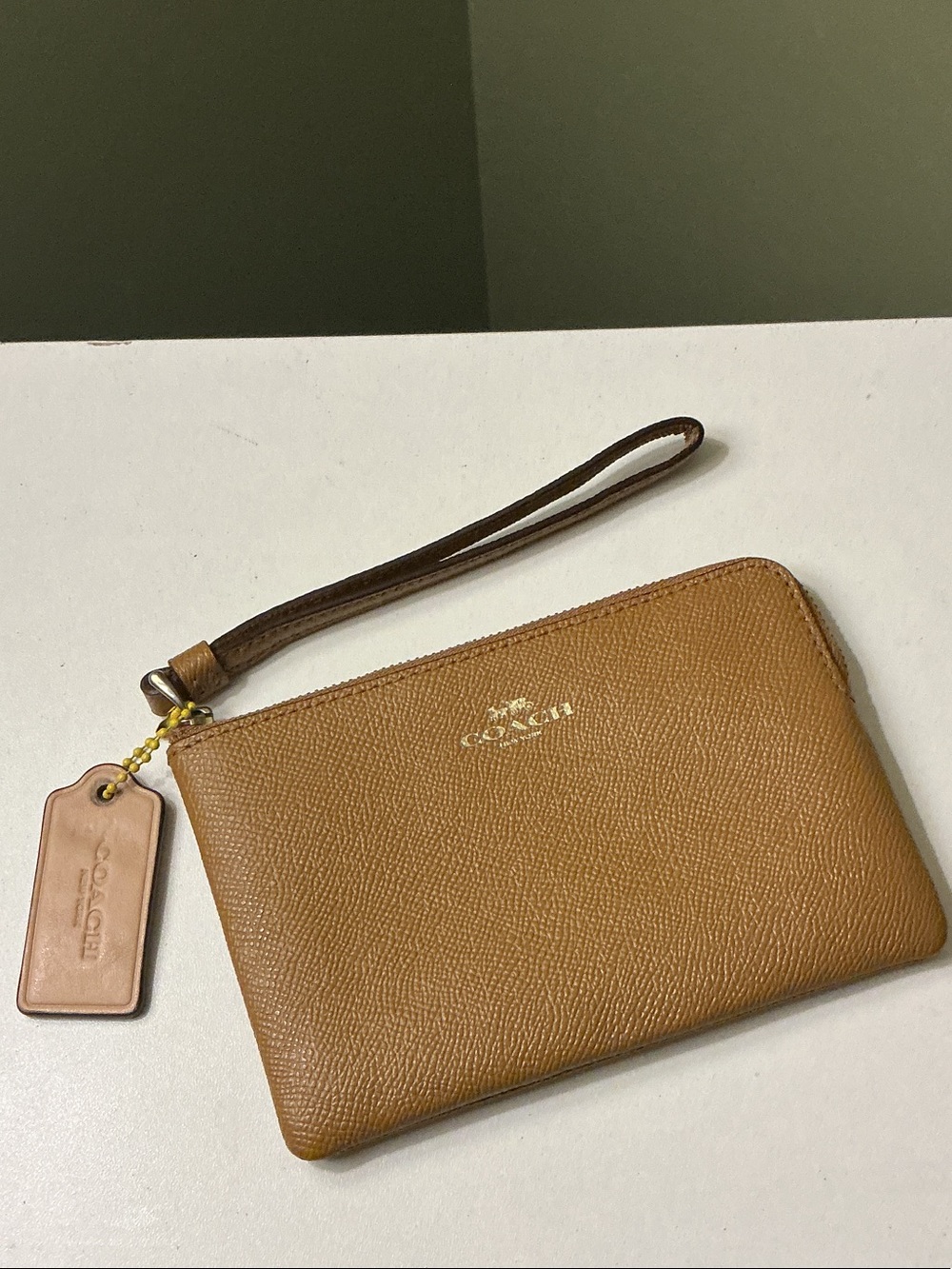 Coach Tan Pebbled Leather Wristlet with Gold Logo Plus Strap & Pink Hangtag!